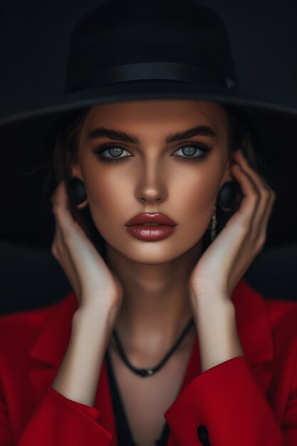 Photo une femme à la mode avec un manteau rouge et un chapeau noir.