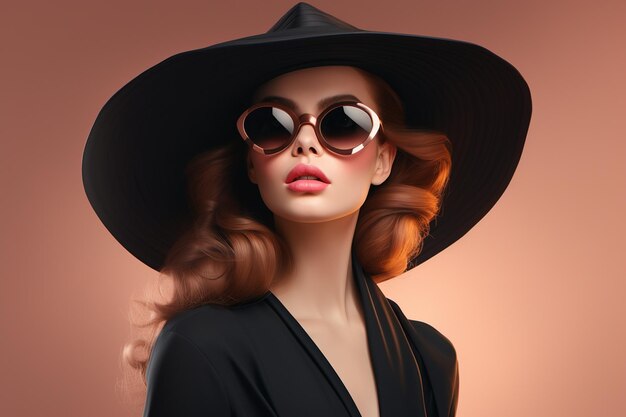 Une femme à la mode noire à la mode portant des lunettes de soleil et un chapeau de bowler