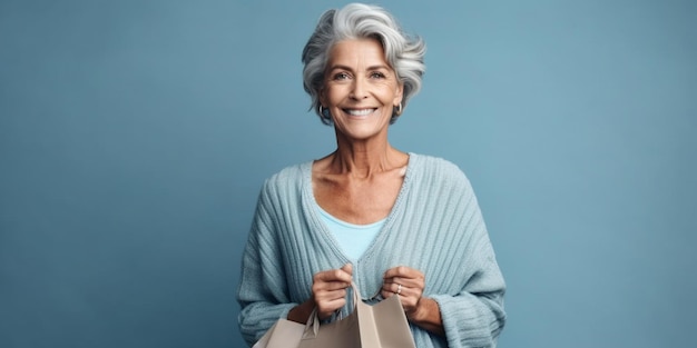 Une femme à la mode plus âgée avec des sacs d'achat dans ses mains sur un fond bleu