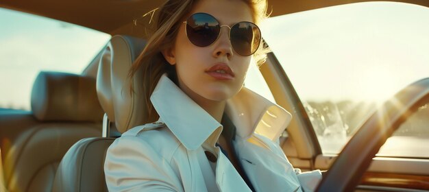 Une femme à la mode en trench-coat blanc et lunettes de soleil posant dans une voiture de luxe