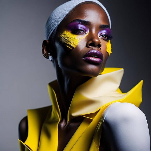 Femme modèle avec du maquillage avec des détails jaunes sur un fond sombre