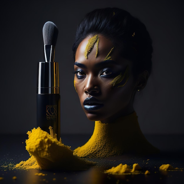 Photo femme modèle avec du maquillage avec des détails jaunes sur un fond sombre