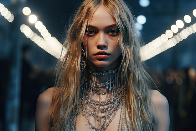 Une femme modélisant un collier et des cils avec des lumières