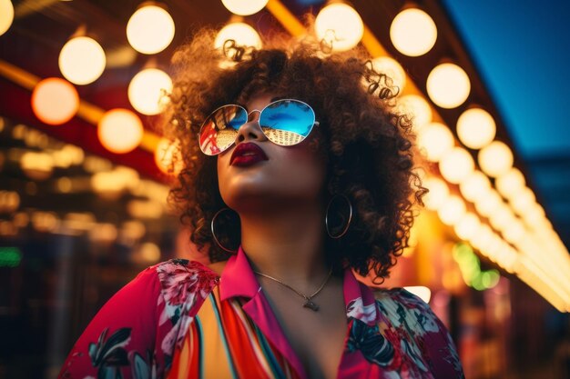 Photo femme moderne grande taille à la mode dans les rues animées au néon