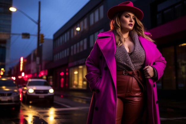 Photo femme moderne grande taille à la mode dans les rues animées au néon