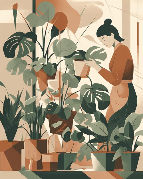 Femme moderne passant du temps à la serre ou au jardin avec des plantes poussant dans des pots