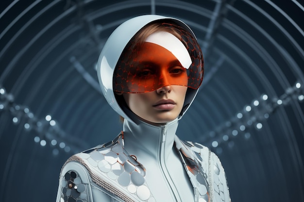 Femme moderne portant un tissu futuriste blanc et un casque Generative AI