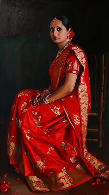 Une femme moderne en saree rouge