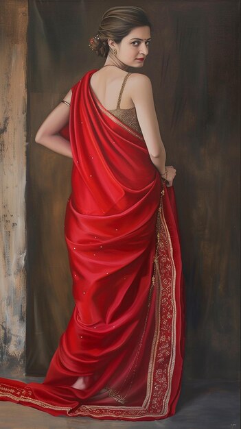 Photo une femme moderne en saree rouge