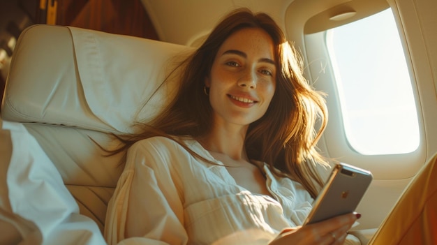 femme moderne souriante tenant le téléphone et regardant par-dessus le siège dans l'intérieur de l'avion AI génératif