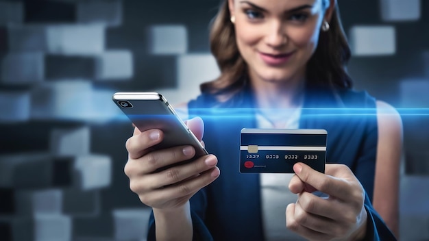 Une femme moderne utilisant une carte de crédit pour un paiement en ligne en gros plan