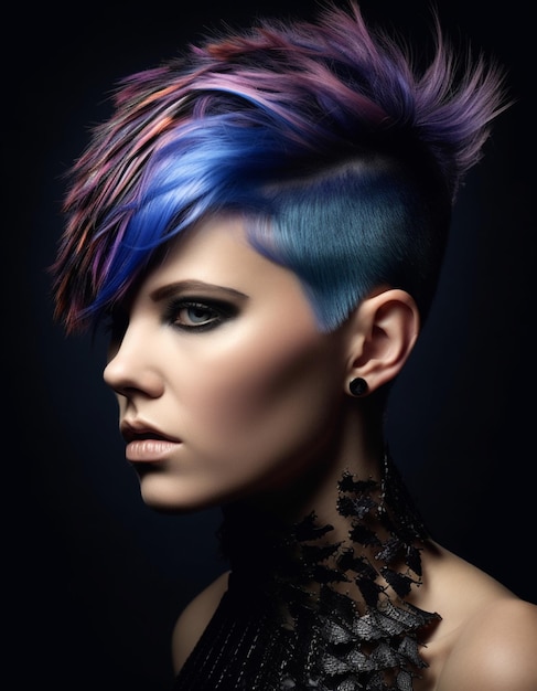 Une femme avec un mohawk coloré et des cheveux bleus