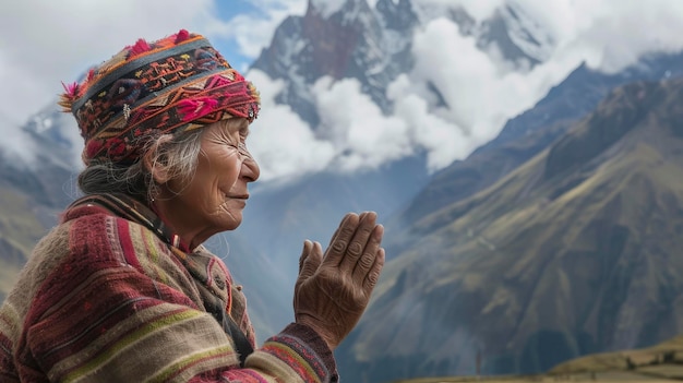 Une femme de montagne prie.