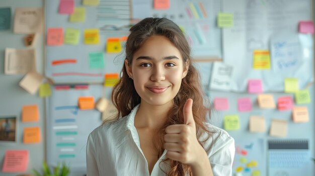 Femme montrant le pouce en l'air devant le mur avec des notes collantes