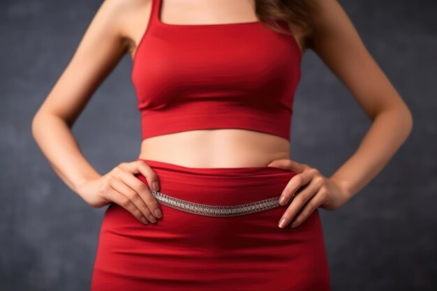 Photo une femme montrant sa taille et debout devant un mur