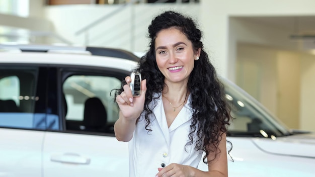Une femme montre des clés de voiture à un véhicule gagné dans un salon automobile