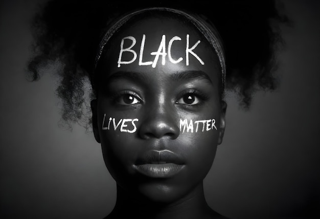 Une femme avec le mot " Black lives matter " écrit en blanc sur son visage.