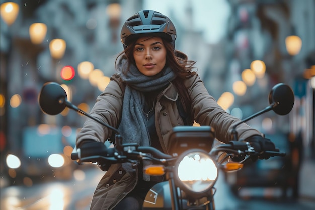 Une femme sur une moto dans la ville la nuit.