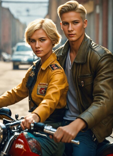 une femme sur une moto avec une photo d'une femme sur le devant