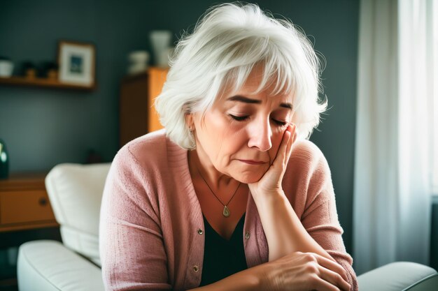 Femme mûre assise sur le canapé, se sentant triste et seule