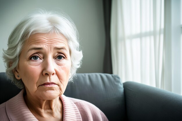 Femme mûre assise sur le canapé, se sentant triste et seule