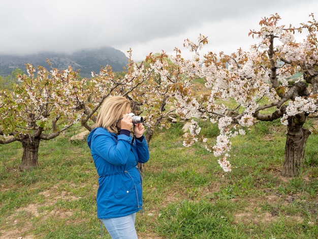 Femme mûre photographiant des arbres dans un paysage de champs avec un cerisier en saison de floraison