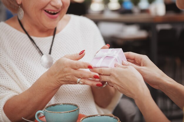 Femme mûre rencontre sa mère aînée au café