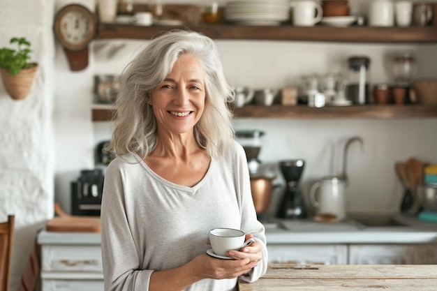 Une femme mûre souriante se tient dans la cuisine et se détend avec une tasse de café