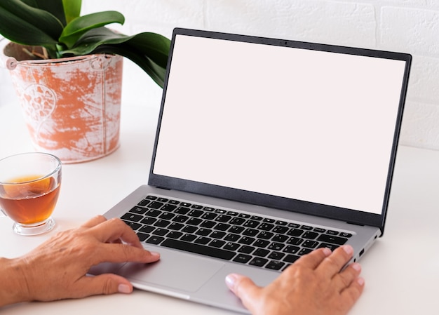 Femme mûre en tapant sur le clavier à l'aide d'un ordinateur portable. Bureau blanc et mur de briques. Travail, social, concept technologique