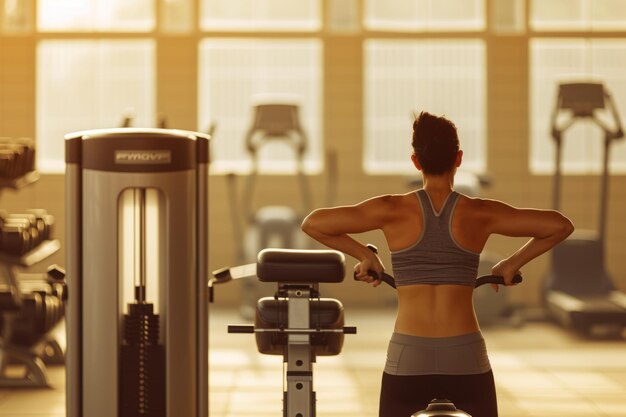 Photo une femme musclée qui s'entraîne sur une machine à rangées assise au gymnase