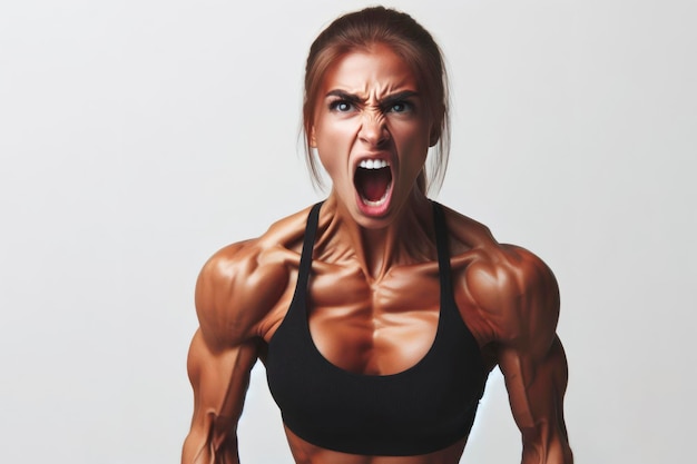 Photo femme musculaire avec des muscles tendus et des cris d'espace de copie sur un fond blanc