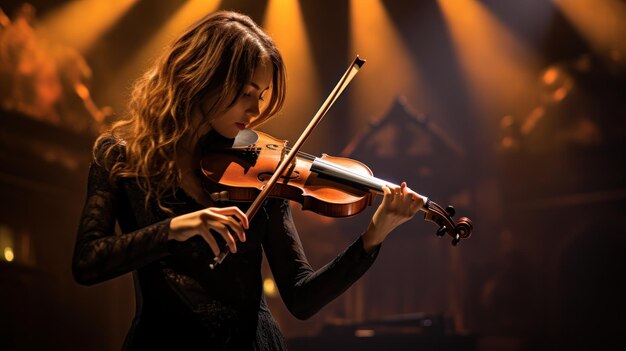 Femme musicienne jouant du violon dans la salle de concert