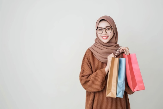 Une femme musulmane asiatique heureuse avec des sacs d'achat sur fond blanc