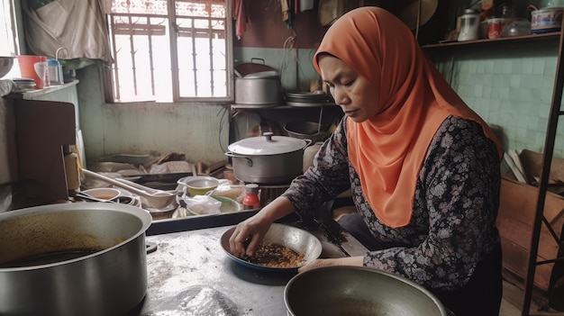 Femme musulmane cuisinant des aliments dans sa cuisine à la maison Mise au point sélective IA générative