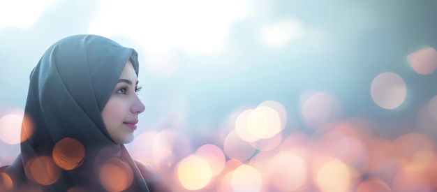 Une femme musulmane dans un foulard hijab sur un beau fond flou Une bannière avec un espace vide pour le texte
