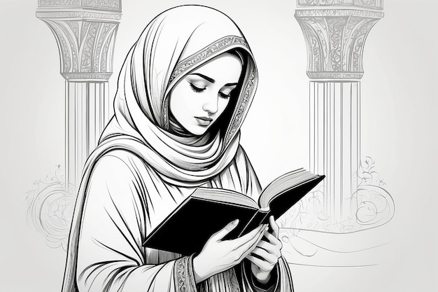 Une femme musulmane avec un dessin linéaire de livre