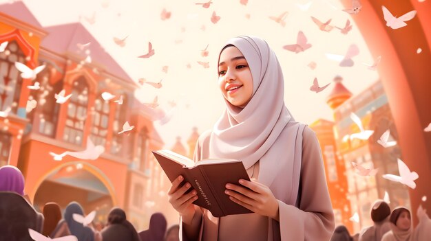 Une femme musulmane en hijab lisant un livre dans une salle de créativité avec un concept éducatif de papier volant