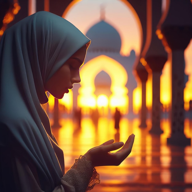 Une femme musulmane en hijab priant dans une mosquée