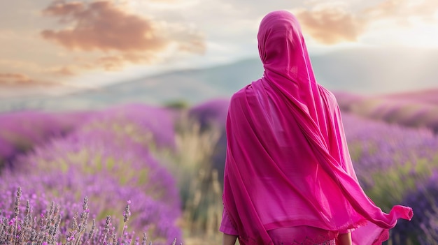 Une femme musulmane en hijab rose admirant le coucher de soleil sur un champ de lavande