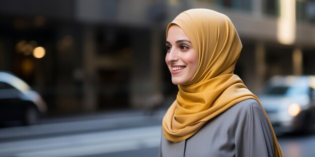 Une femme musulmane en hijab se promène dans la ville.