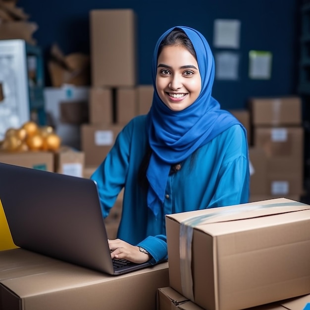 Femme musulmane indienne heureuse avec un saree bleu qui emballent des boîtes dans des ventes en ligne concept de travail en ligne