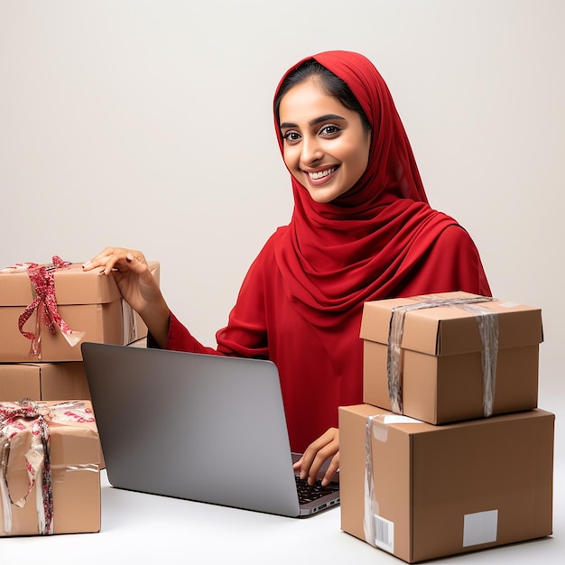 Photo femme musulmane indienne heureuse avec un saree rouge qui emballent des boîtes dans les ventes en ligne concept de travail en ligne