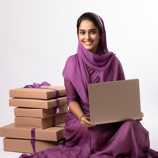 Photo femme musulmane indienne heureuse avec un saree violet qui emballent des boîtes ventes en ligne travail en ligne concept