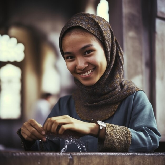Une femme musulmane indonésienne portant un hijab fait l'ablution wudhu en se lavant le visage avant la prière