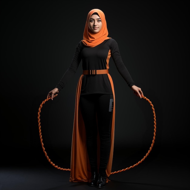 Une femme musulmane indonésienne portant un hijab et une tenue en spandex saute à la corde