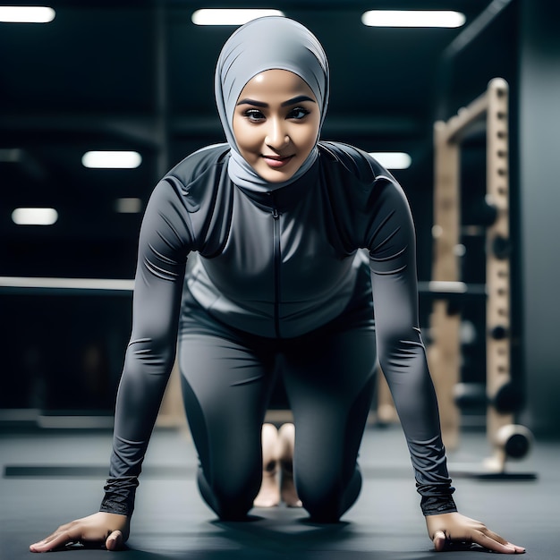 Une femme musulmane indonésienne portant un hijab et des vêtements de sport en spandex fait des push-up.