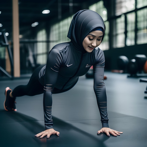 Une femme musulmane indonésienne portant un hijab et des vêtements de sport en spandex fait des push-up.