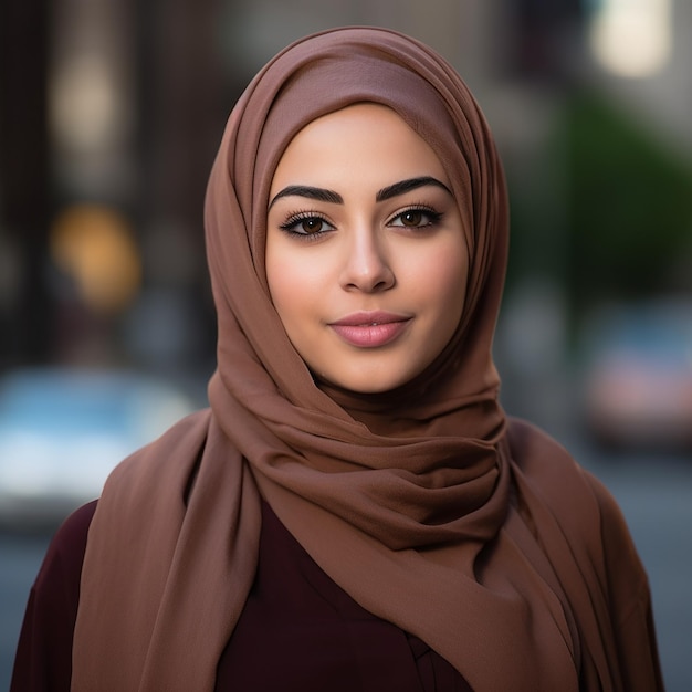 Une femme musulmane modèle de maquillage publicité soin de la peau peau du visage brillant portant le hijab
