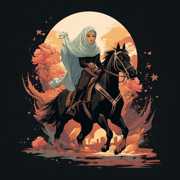 Une femme musulmane portant un hijab à cheval