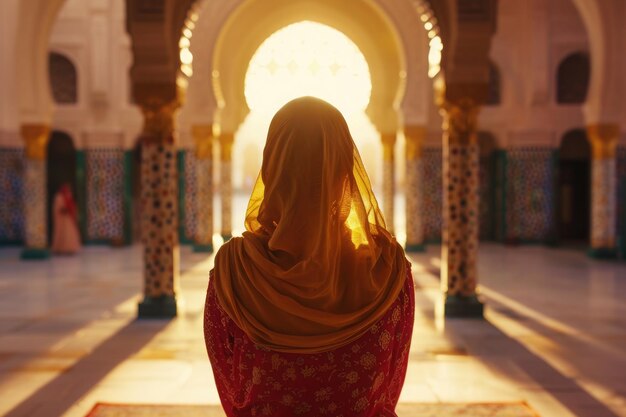 Une femme musulmane portant un hijab prie dans la mosquée.